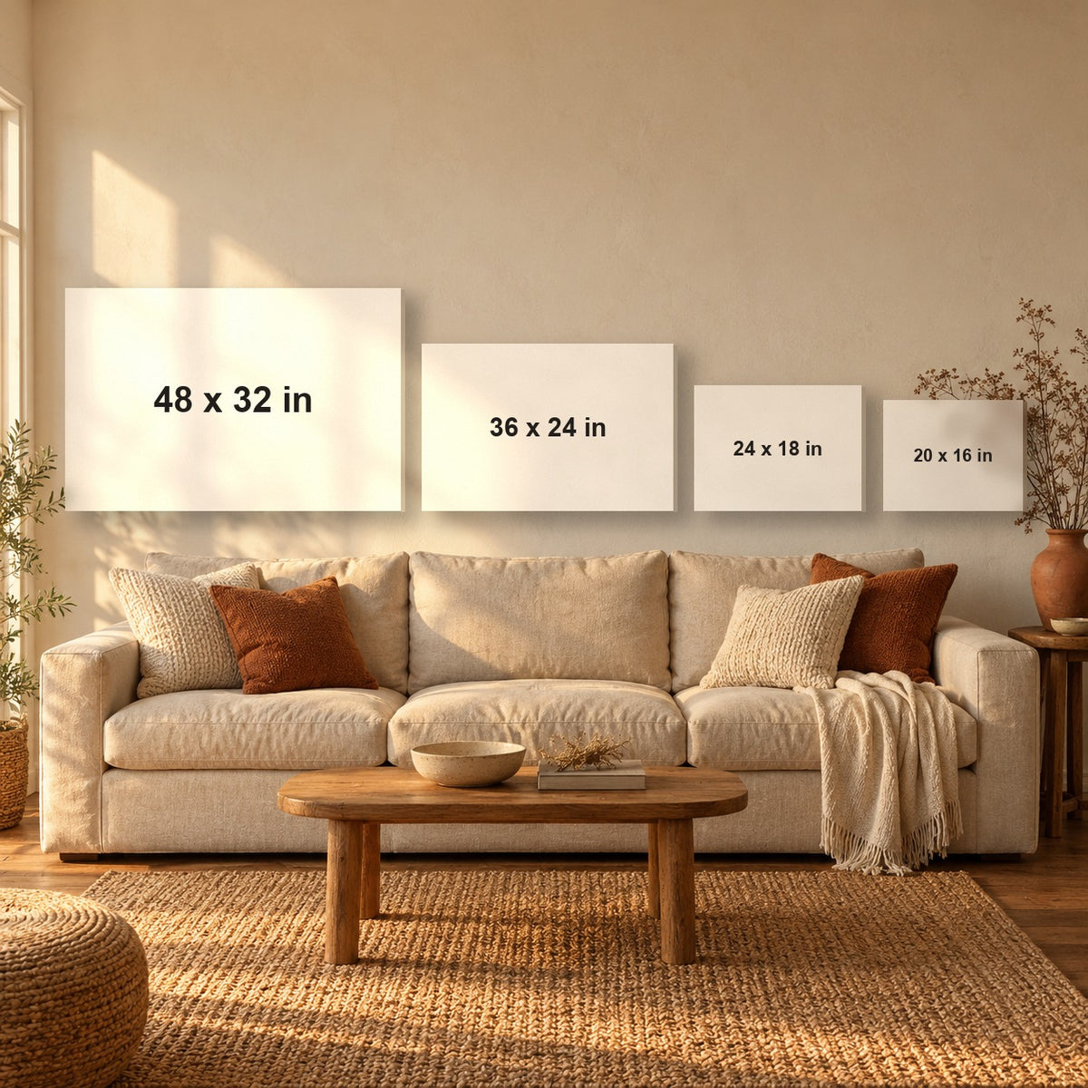Canvas size guide shown on a living room wall