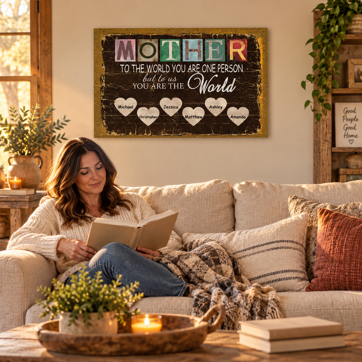 Love Mom You Are The World – Mother's Day Gift – Personalized Canvas — frameless gallery-wrapped canvas print, in a living room for scale