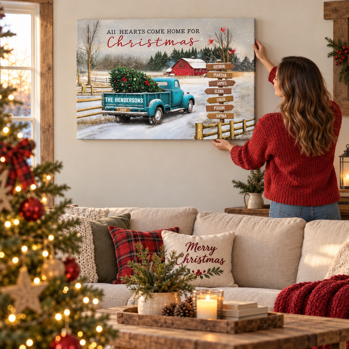 All Hearts Come Home For Christmas - Personalized Canvas Prints - Gift For Family Members, Mom and Dad — frameless gallery-wrapped canvas print, being hung on the wall