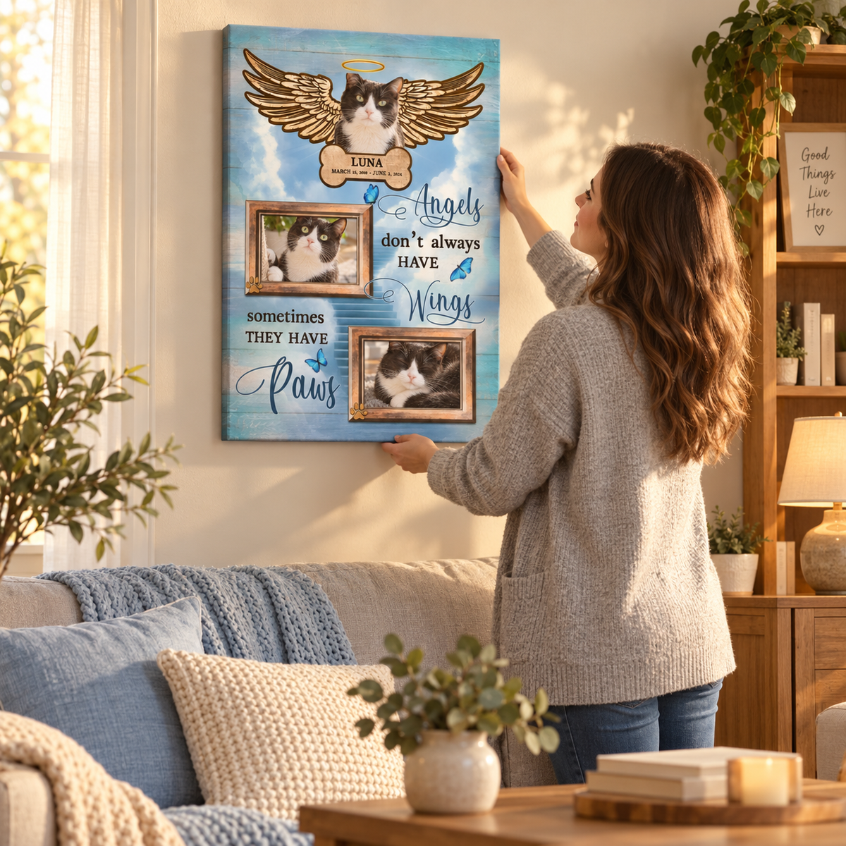 Angels Don't Always Have Wings Sometimes They Have Paws – Pet Memorial – Personalized Canvas Portrait — frameless portrait gallery-wrapped canvas print, being hung on the wall