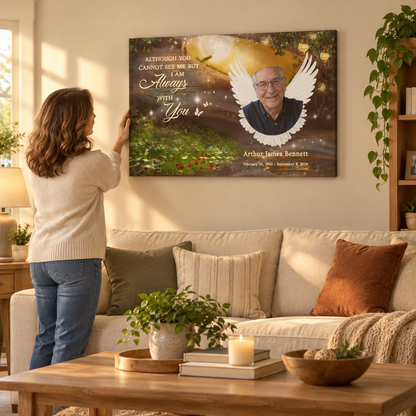 Although You Cannot See Me But I'm Always With You – Sympathy Gift – Personalized Canvas — frameless gallery-wrapped canvas print, being hung on the wall