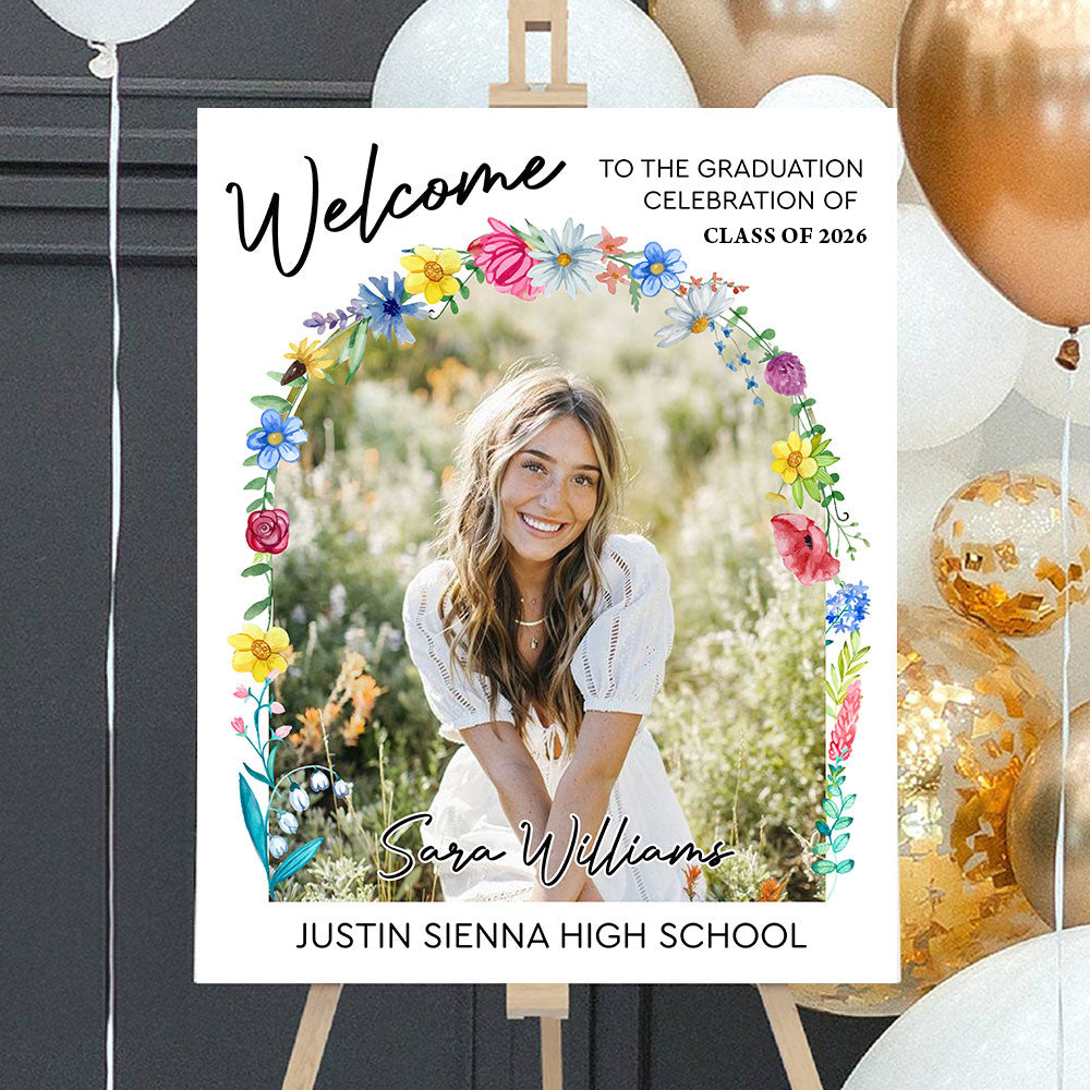 Minimalist Graduation Welcome Sign - Custom Class Of 2026 Graduation Party Welcome Sign - Wildflower Graduation Party Welcome Sign