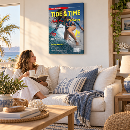 Surfing – Gift for Surfers – Personalized Canvas — frameless gallery-wrapped canvas print, 1.5 inches thick, in a living room for scale
