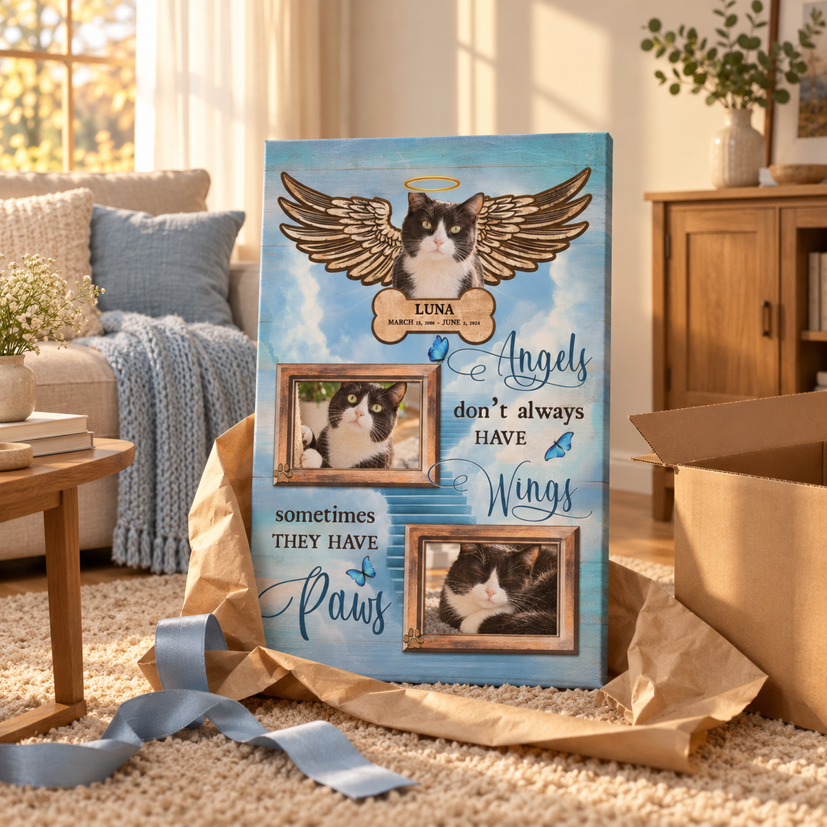 Angels Don't Always Have Wings Sometimes They Have Paws – Pet Memorial – Personalized Canvas Portrait — frameless portrait gallery-wrapped canvas print, just unboxed as a gift