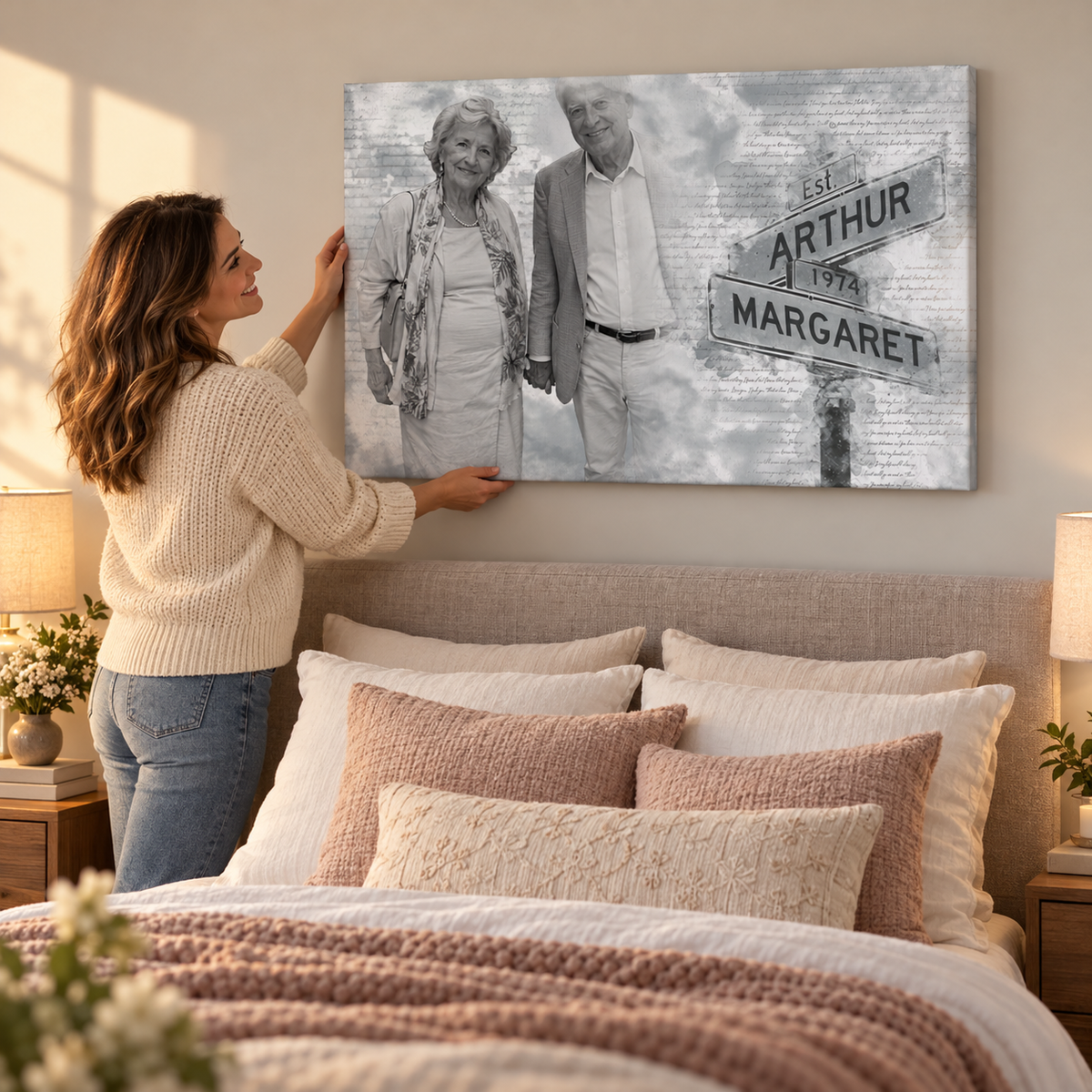 Couple's Anniversary Photo - Personalized Photo Wall Art — frameless gallery-wrapped canvas print, being hung on the wall