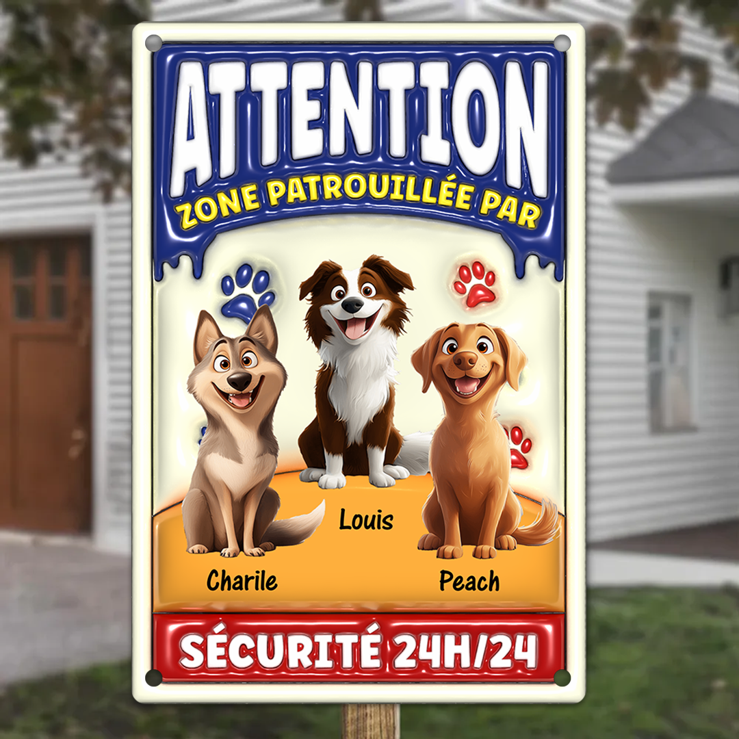 Attention Zone Patrouillée Par Chiens Sécurité 24H/24 - Plaque En Métal Personnalisée