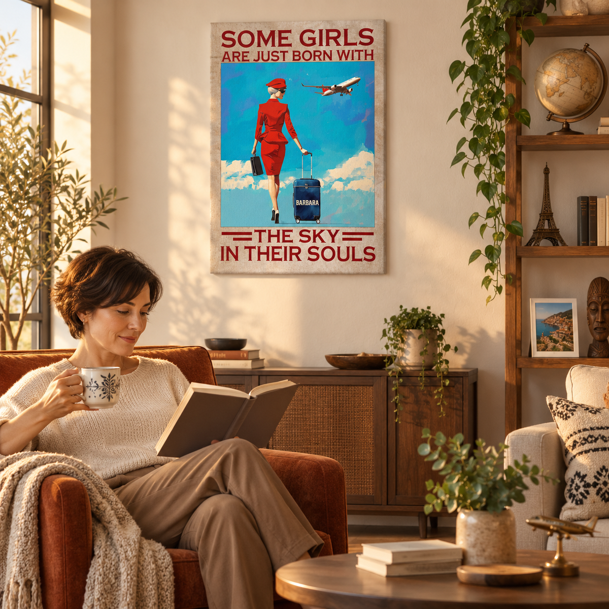 Some Girls Are Just Born With The Sky - Gift for Flight Attendant - Personalized Canvas — frameless gallery-wrapped canvas print, in a living room for scale