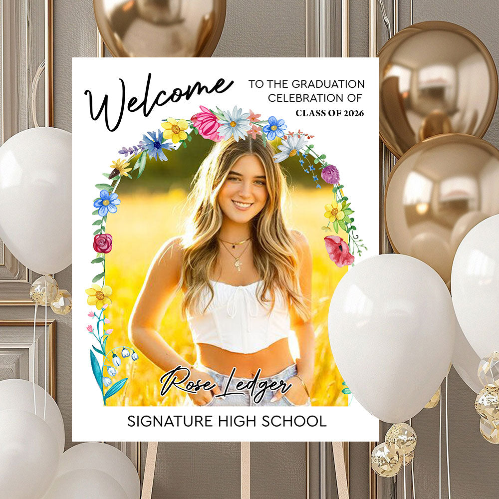 Minimalist Graduation Welcome Sign - Custom Class Of 2026 Graduation Party Welcome Sign - Wildflower Graduation Party Welcome Sign