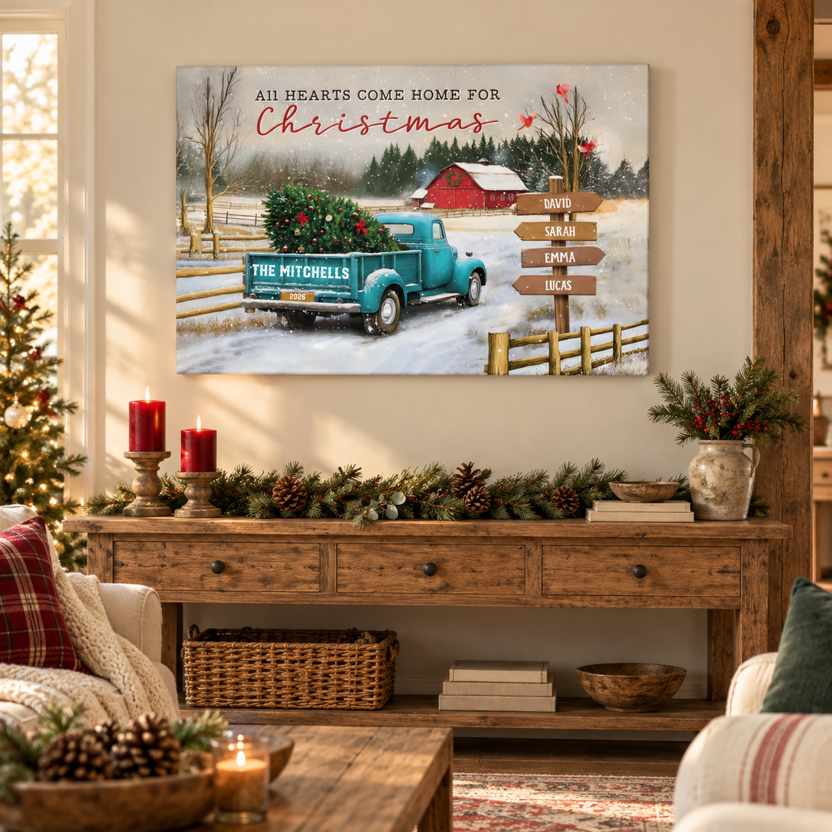 All Hearts Come Home For Christmas - Personalized Canvas Prints - Gift For Family Members, Mom and Dad — frameless gallery-wrapped canvas print, hanging on the wall