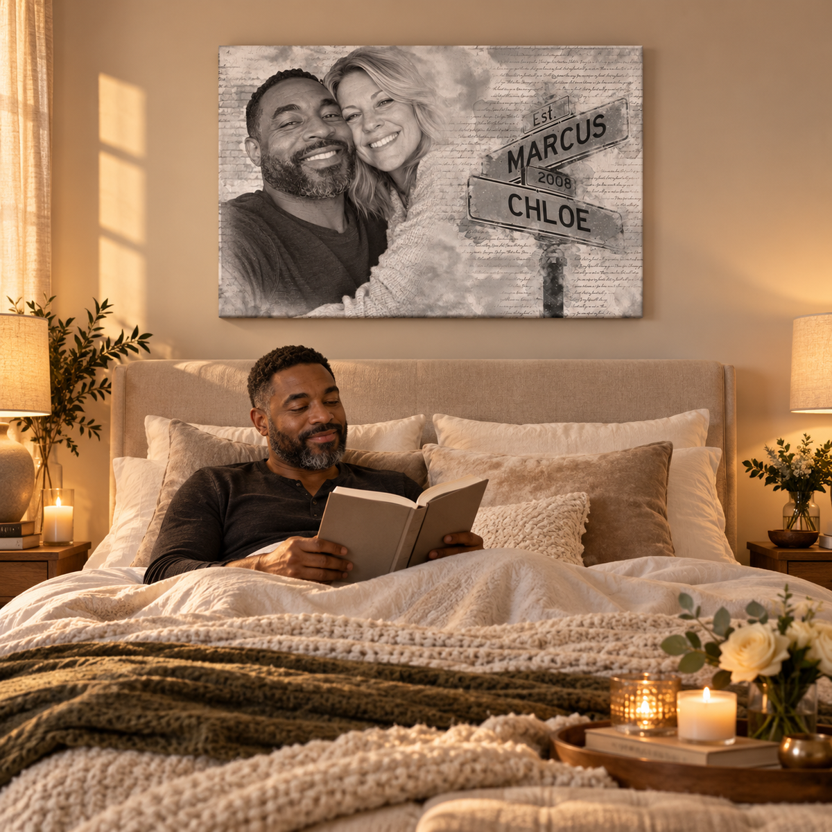 Couple's Anniversary Photo - Personalized Photo Wall Art — frameless gallery-wrapped canvas print, in a living room for scale