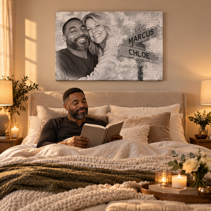 Couple's Anniversary Photo - Personalized Photo Wall Art — frameless gallery-wrapped canvas print, in a living room for scale