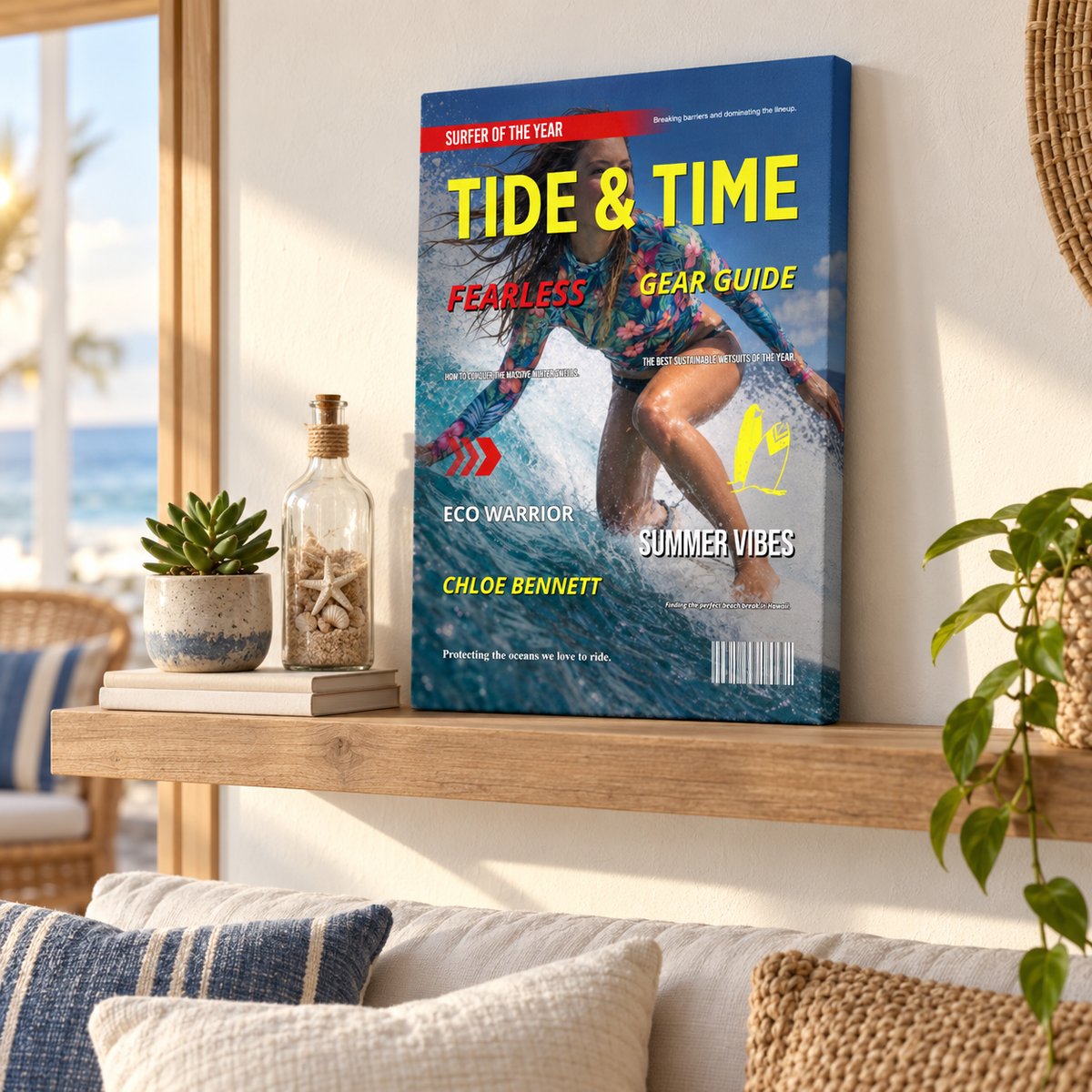 Surfing – Gift for Surfers – Personalized Canvas — frameless gallery-wrapped canvas print, 1.5 inches thick, displayed on a shelf