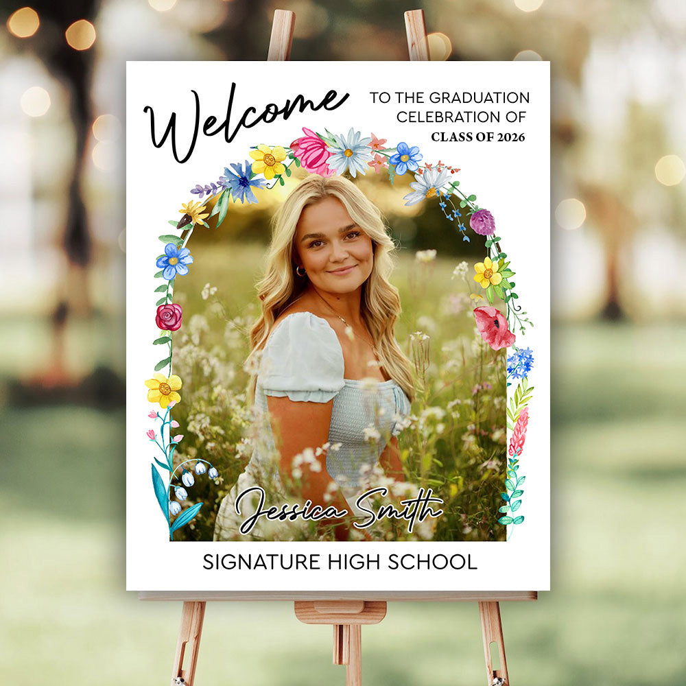 Minimalist Graduation Welcome Sign - Custom Class Of 2026 Graduation Party Welcome Sign - Wildflower Graduation Party Welcome Sign