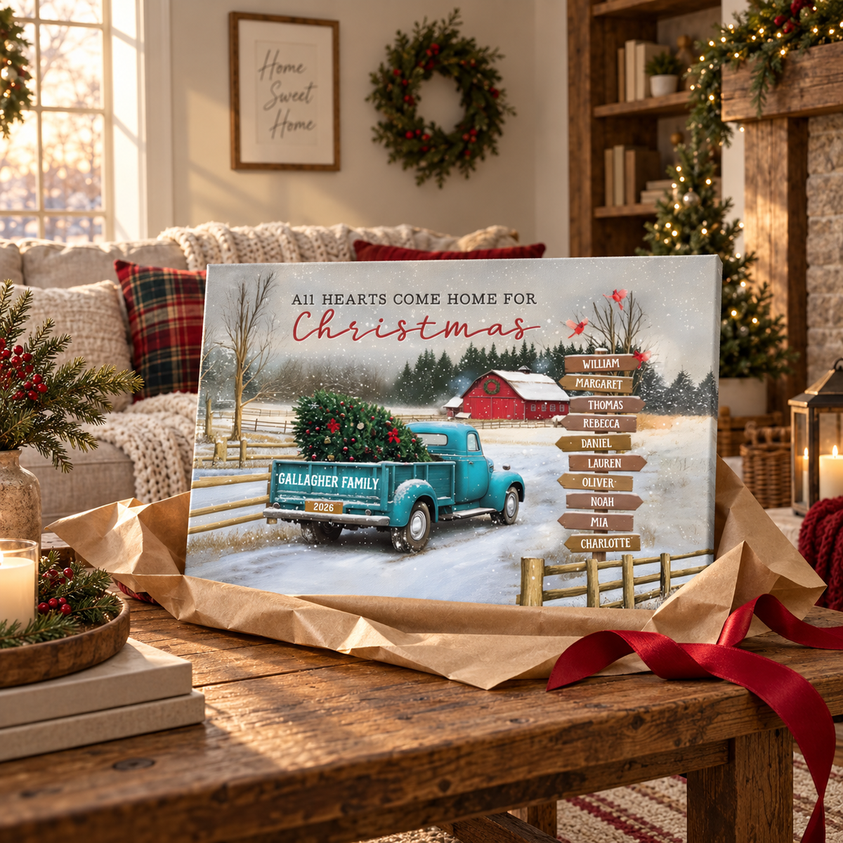 All Hearts Come Home For Christmas - Personalized Canvas Prints - Gift For Family Members, Mom and Dad — frameless gallery-wrapped canvas print, just unboxed as a gift