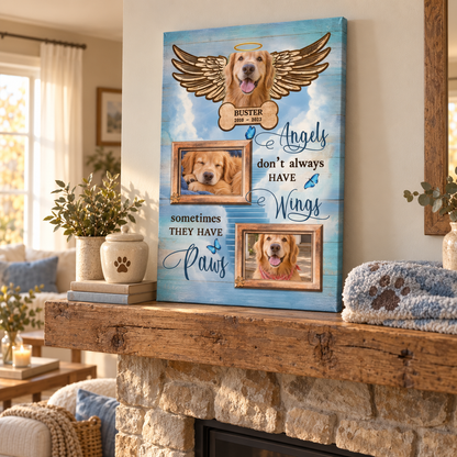 Angels Don't Always Have Wings Sometimes They Have Paws – Pet Memorial – Personalized Canvas Portrait — frameless portrait gallery-wrapped canvas print, displayed on a shelf