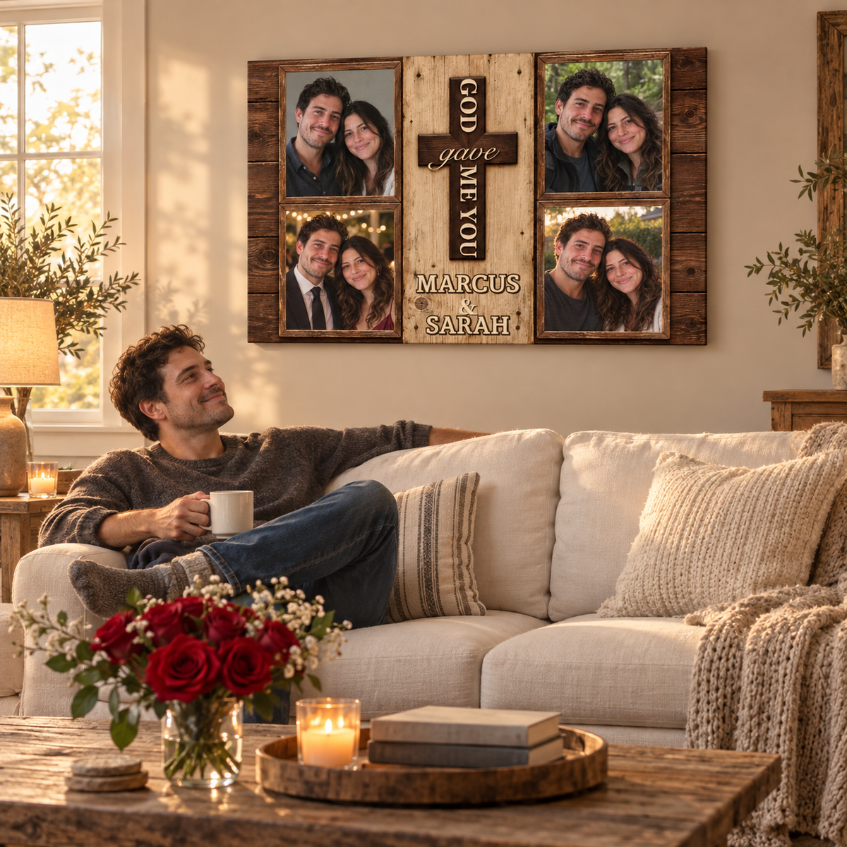 God Gave Me You – Anniversary Gift for Couples – Personalized Photo Canvas — frameless gallery-wrapped canvas print, in a living room for scale