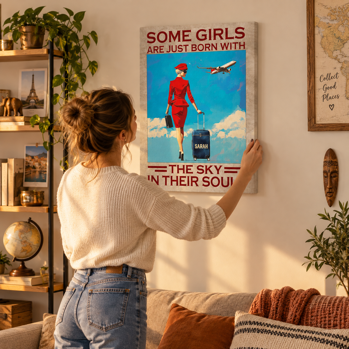 Some Girls Are Just Born With The Sky - Gift for Flight Attendant - Personalized Canvas — frameless gallery-wrapped canvas print, being hung on the wall