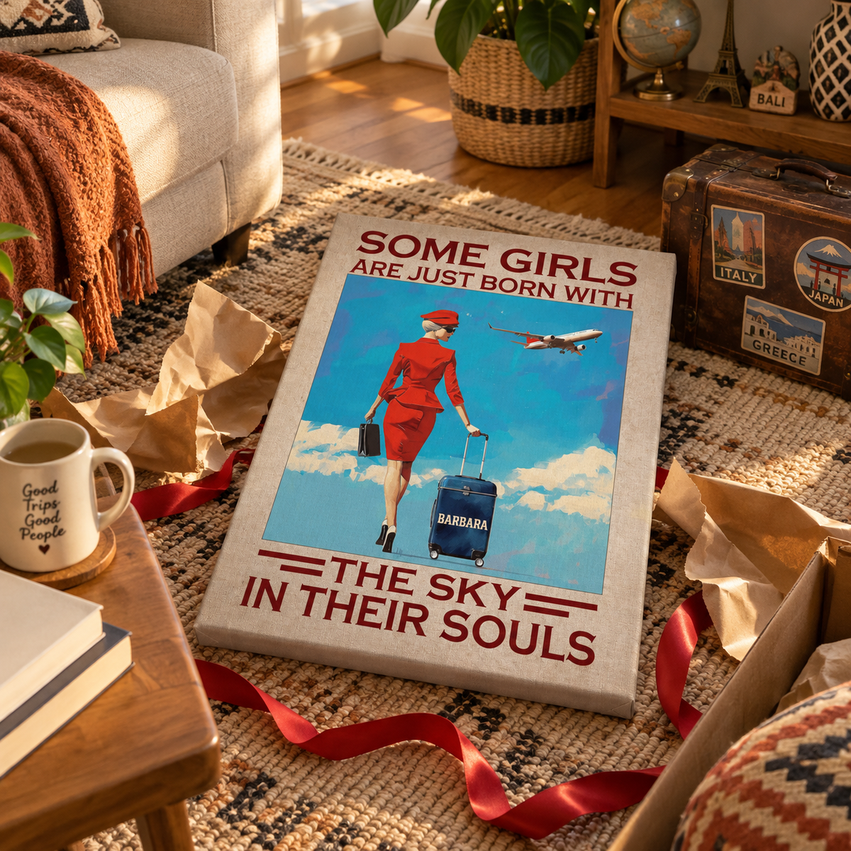 Some Girls Are Just Born With The Sky - Gift for Flight Attendant - Personalized Canvas — frameless gallery-wrapped canvas print, just unboxed as a gift