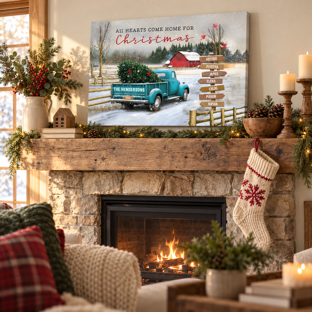 All Hearts Come Home For Christmas - Personalized Canvas Prints - Gift For Family Members, Mom and Dad — frameless gallery-wrapped canvas print, displayed on a shelf