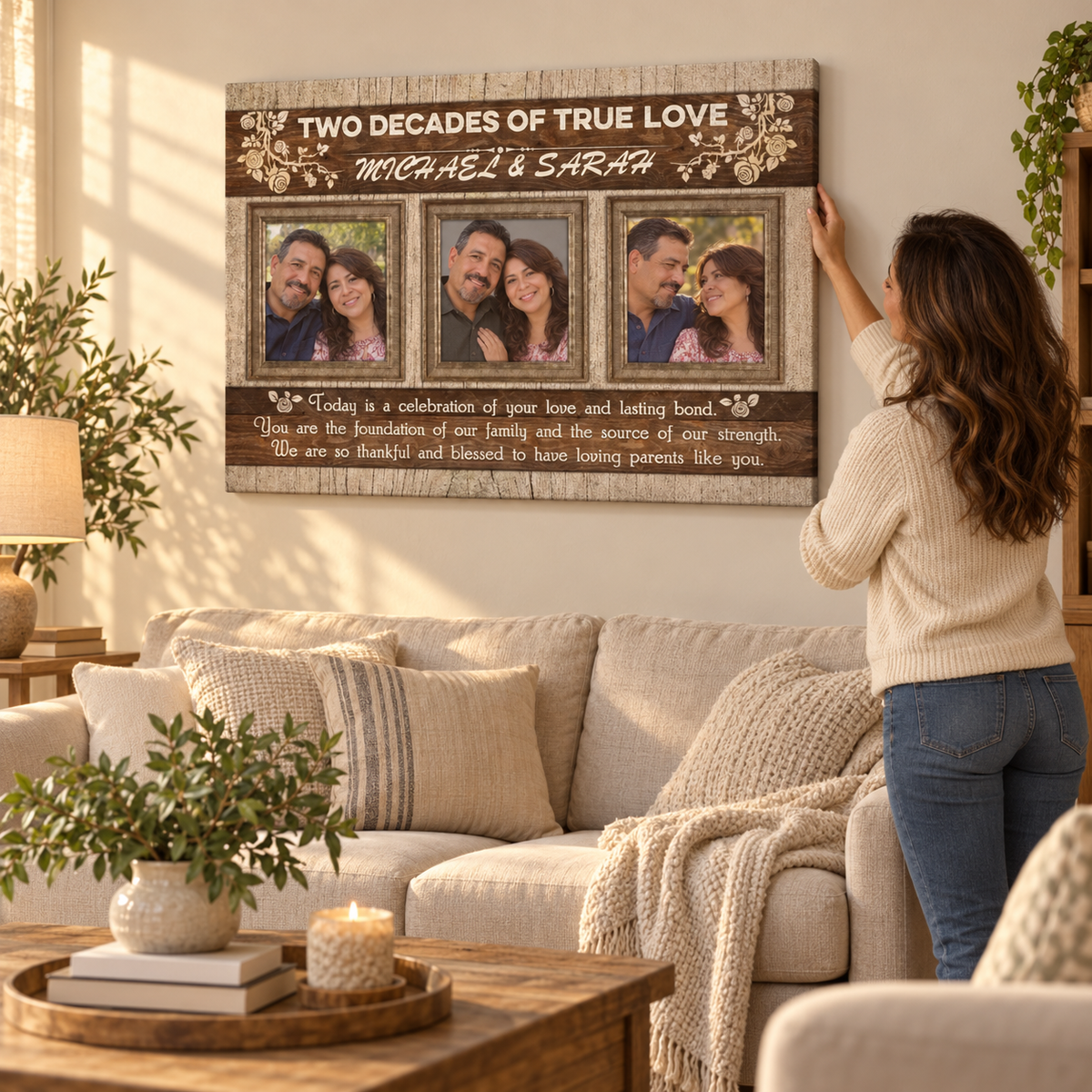 Anniversary Personalized Canvas - Wedding Gift for Couples - Personalized Photo Canvas — frameless gallery-wrapped canvas print, being hung on the wall