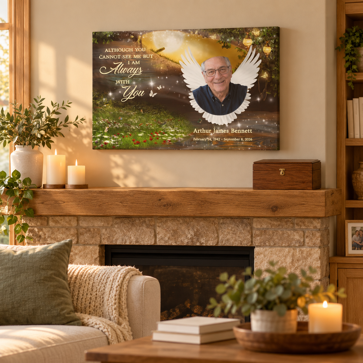 Although You Cannot See Me But I'm Always With You – Sympathy Gift – Personalized Canvas — frameless gallery-wrapped canvas print, displayed on a shelf