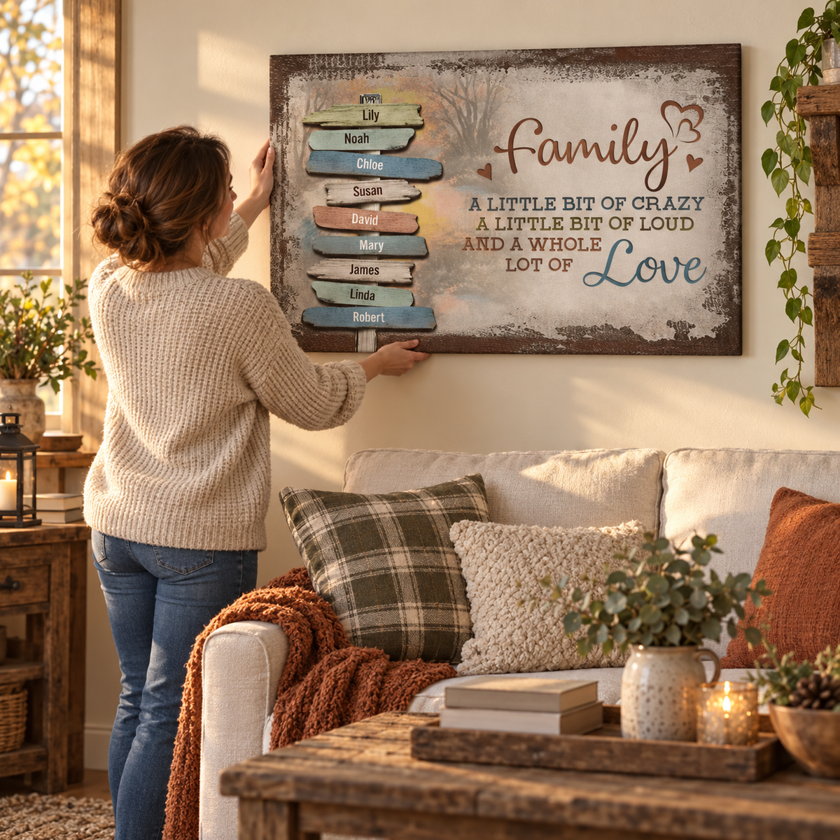 Our Crazy Loud Love Family – Gift for Family – Personalized Canvas — frameless gallery-wrapped canvas print, being hung on the wall