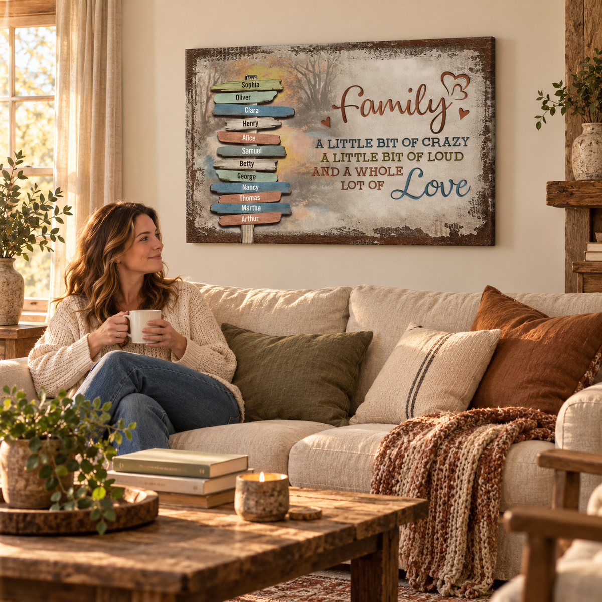 Our Crazy Loud Love Family – Gift for Family – Personalized Canvas — frameless gallery-wrapped canvas print, in a living room for scale