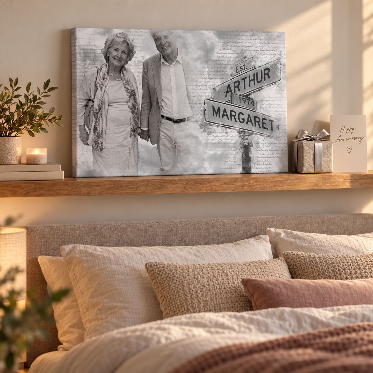 Couple's Anniversary Photo - Personalized Photo Wall Art — frameless gallery-wrapped canvas print, displayed on a shelf