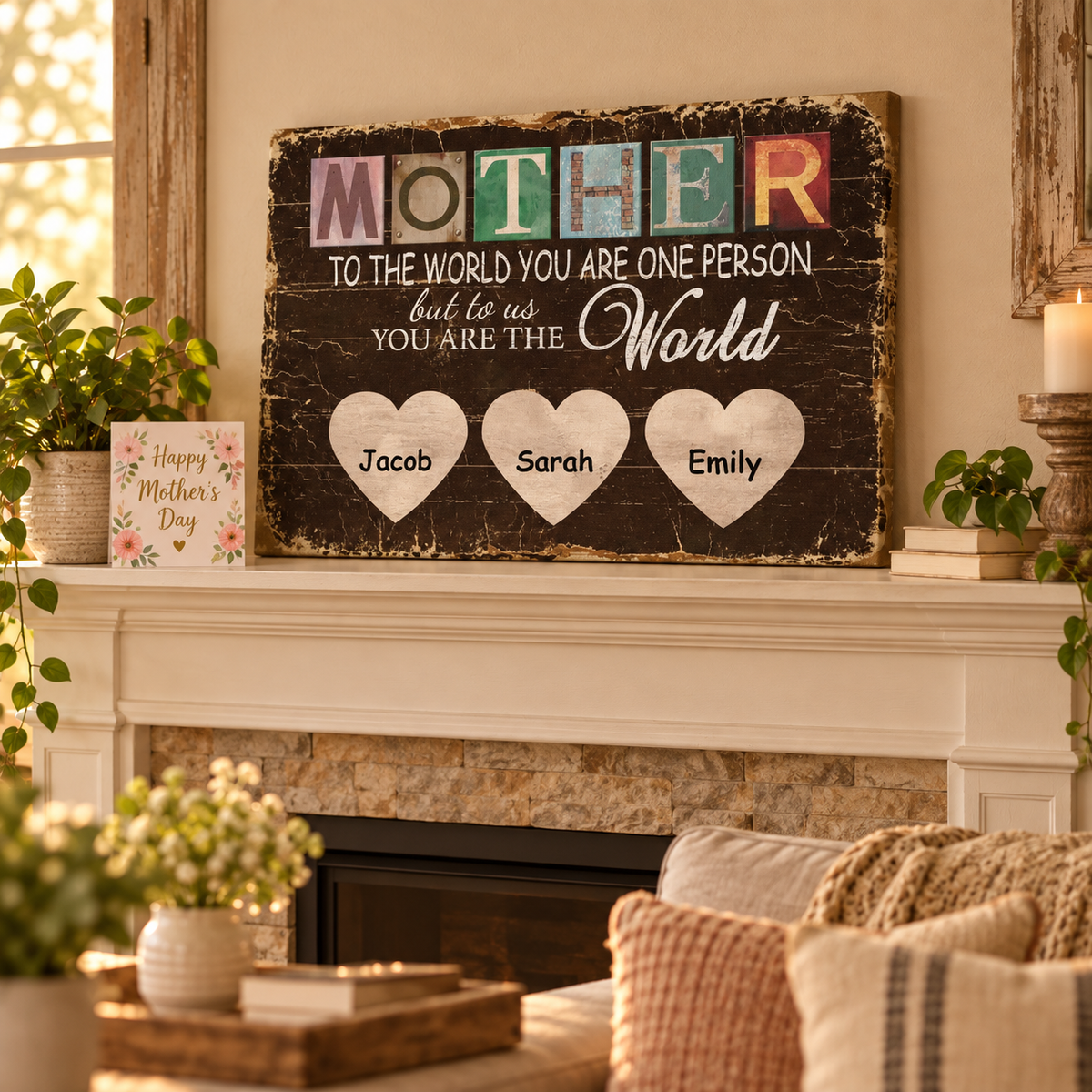 Love Mom You Are The World – Mother's Day Gift – Personalized Canvas — frameless gallery-wrapped canvas print, displayed on a shelf