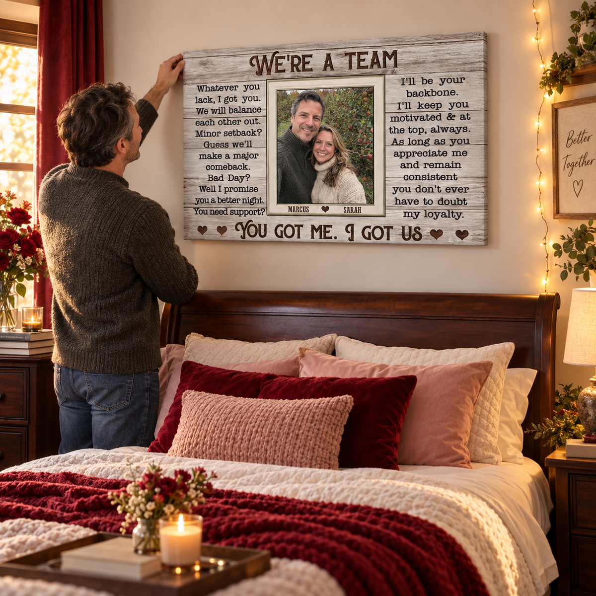 When I Say I Love You More – Gift for Couple – Personalized Wrapped Canvas — frameless gallery-wrapped canvas print, being hung on the wall