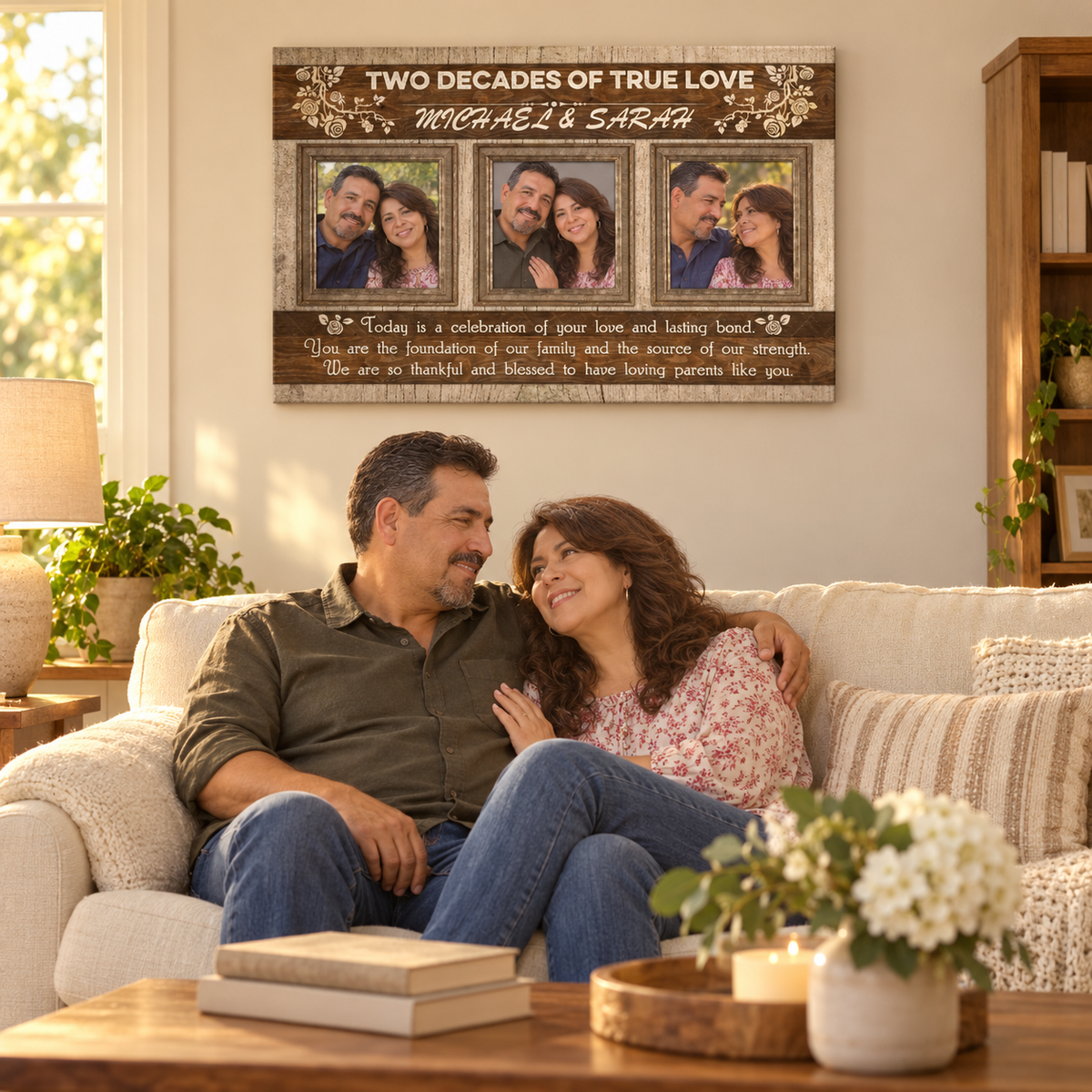 Anniversary Personalized Canvas - Wedding Gift for Couples - Personalized Photo Canvas — frameless gallery-wrapped canvas print, in a living room for scale