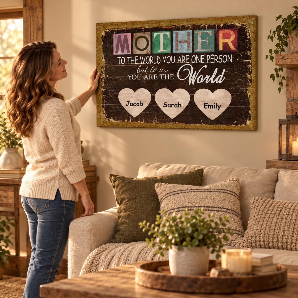 Love Mom You Are The World – Mother's Day Gift – Personalized Canvas — frameless gallery-wrapped canvas print, being hung on the wall