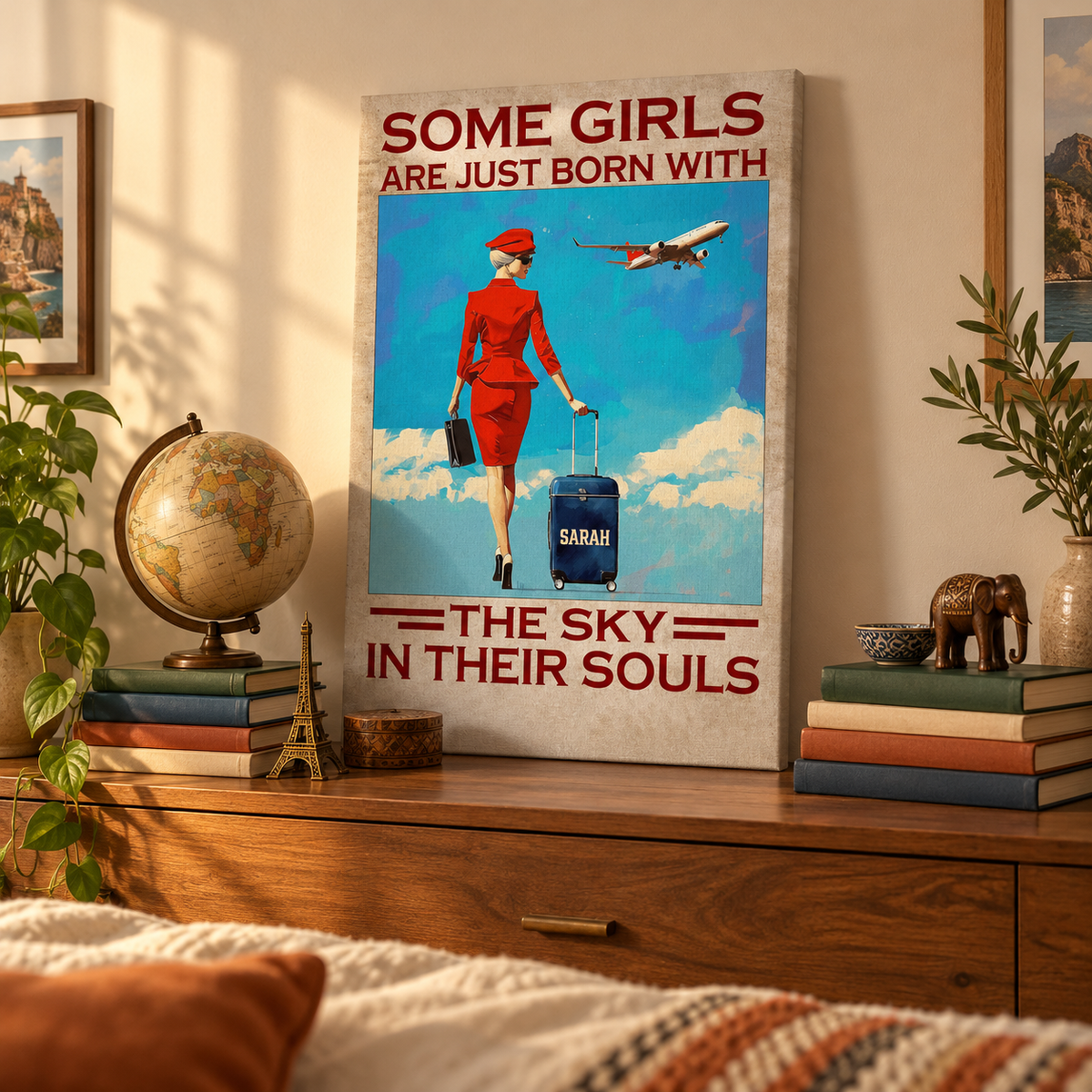 Some Girls Are Just Born With The Sky - Gift for Flight Attendant - Personalized Canvas — frameless gallery-wrapped canvas print, displayed on a shelf