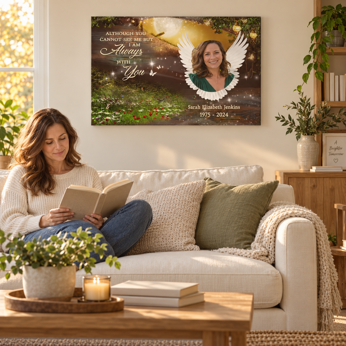 Although You Cannot See Me But I'm Always With You – Sympathy Gift – Personalized Canvas — frameless gallery-wrapped canvas print, in a living room for scale