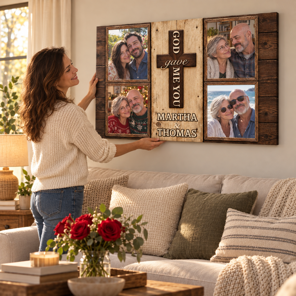 God Gave Me You – Anniversary Gift for Couples – Personalized Photo Canvas — frameless gallery-wrapped canvas print, being hung on the wall