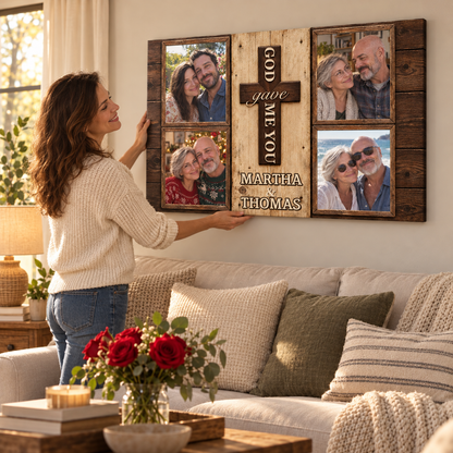 God Gave Me You – Anniversary Gift for Couples – Personalized Photo Canvas — frameless gallery-wrapped canvas print, being hung on the wall