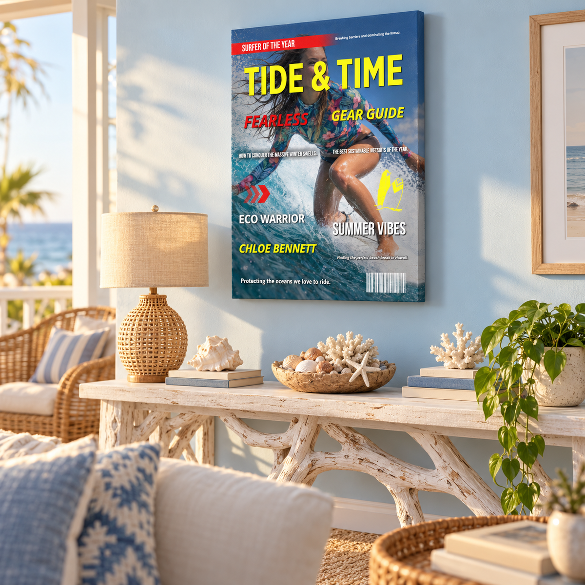 Surfing – Gift for Surfers – Personalized Canvas — frameless gallery-wrapped canvas print, 1.5 inches thick, hanging on the wall