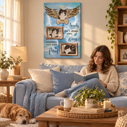 Angels Don't Always Have Wings Sometimes They Have Paws – Pet Memorial – Personalized Canvas Portrait — frameless portrait gallery-wrapped canvas print, in a living room for scale