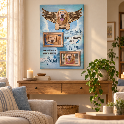 Angels Don't Always Have Wings Sometimes They Have Paws – Pet Memorial – Personalized Canvas Portrait — frameless portrait gallery-wrapped canvas print, hanging on the wall