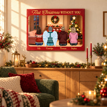First Christmas Without You - Memorial Personalized Custom Horizontal Canvas - Gift For Family Members — Frameless canvas above a sunlit sideboard