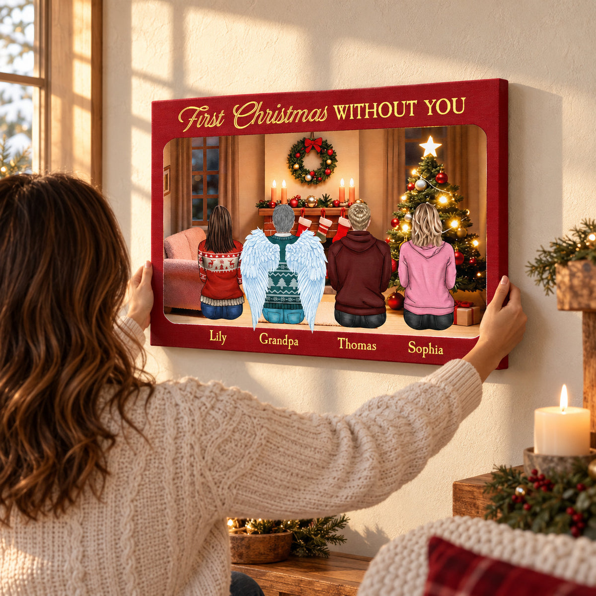 Hands straightening the personalized canvas on the wall