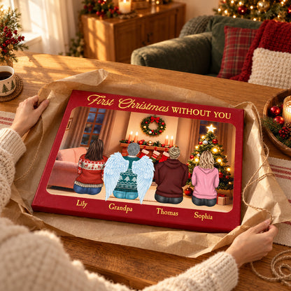 First Christmas Without You - Memorial Personalized Custom Horizontal Canvas - Gift For Family Members — Hands unwrapping the canvas from kraft paper