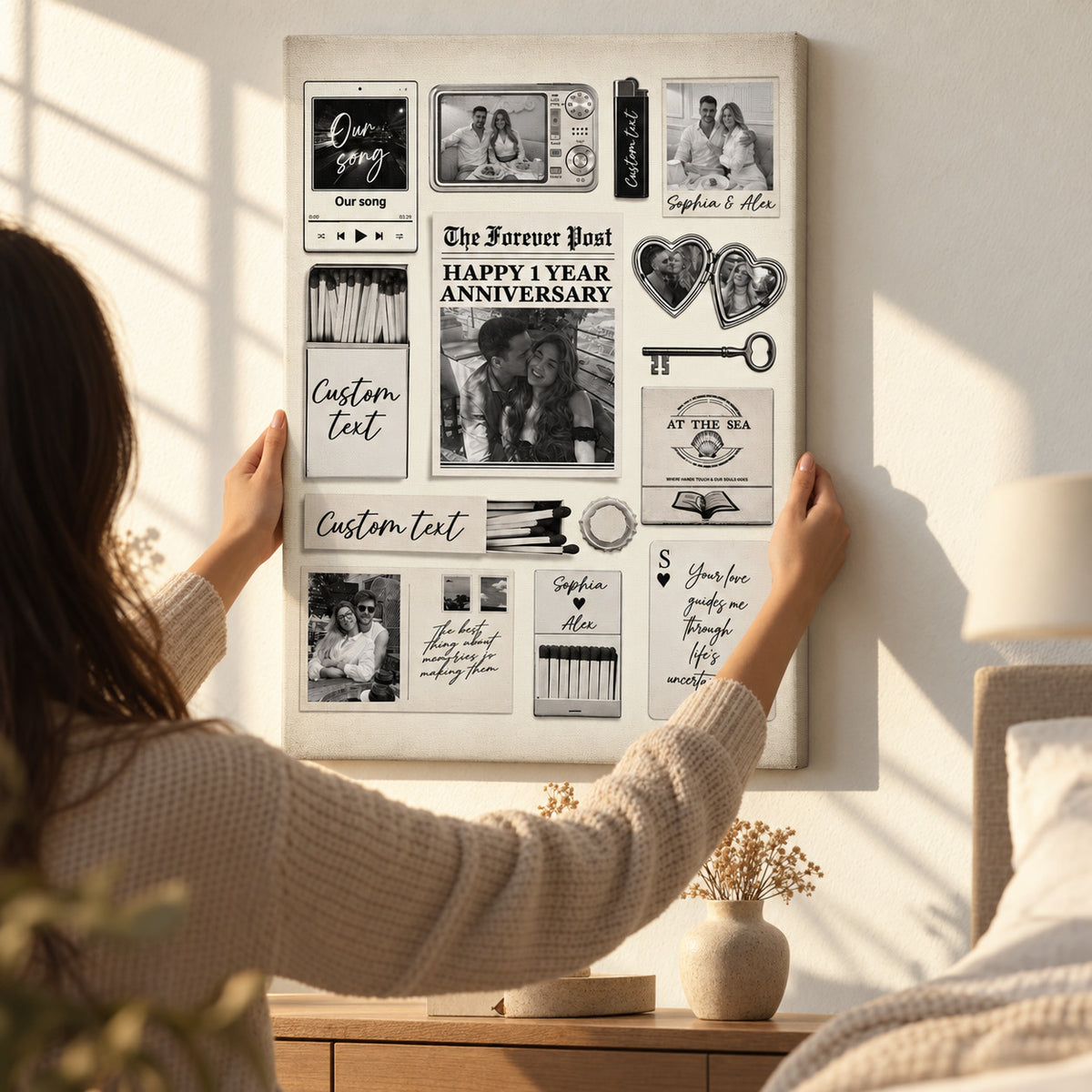 The Best Times Couple Valentine's Canvas - Personalized Poster And Canvas Print — Hands straightening the frameless canvas on the wall