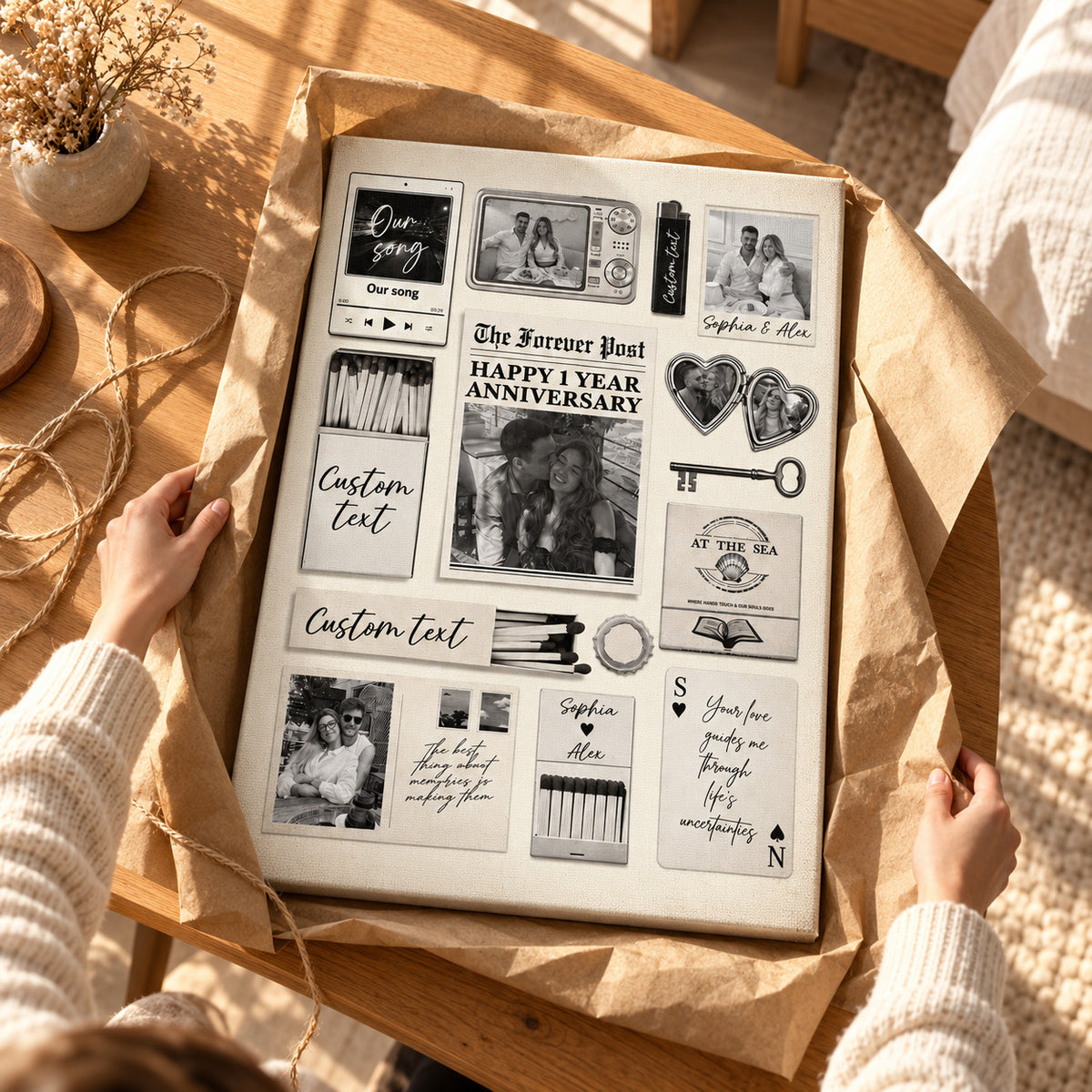 The Best Times Couple Valentine's Canvas - Personalized Poster And Canvas Print — Hands unwrapping the canvas from kraft paper