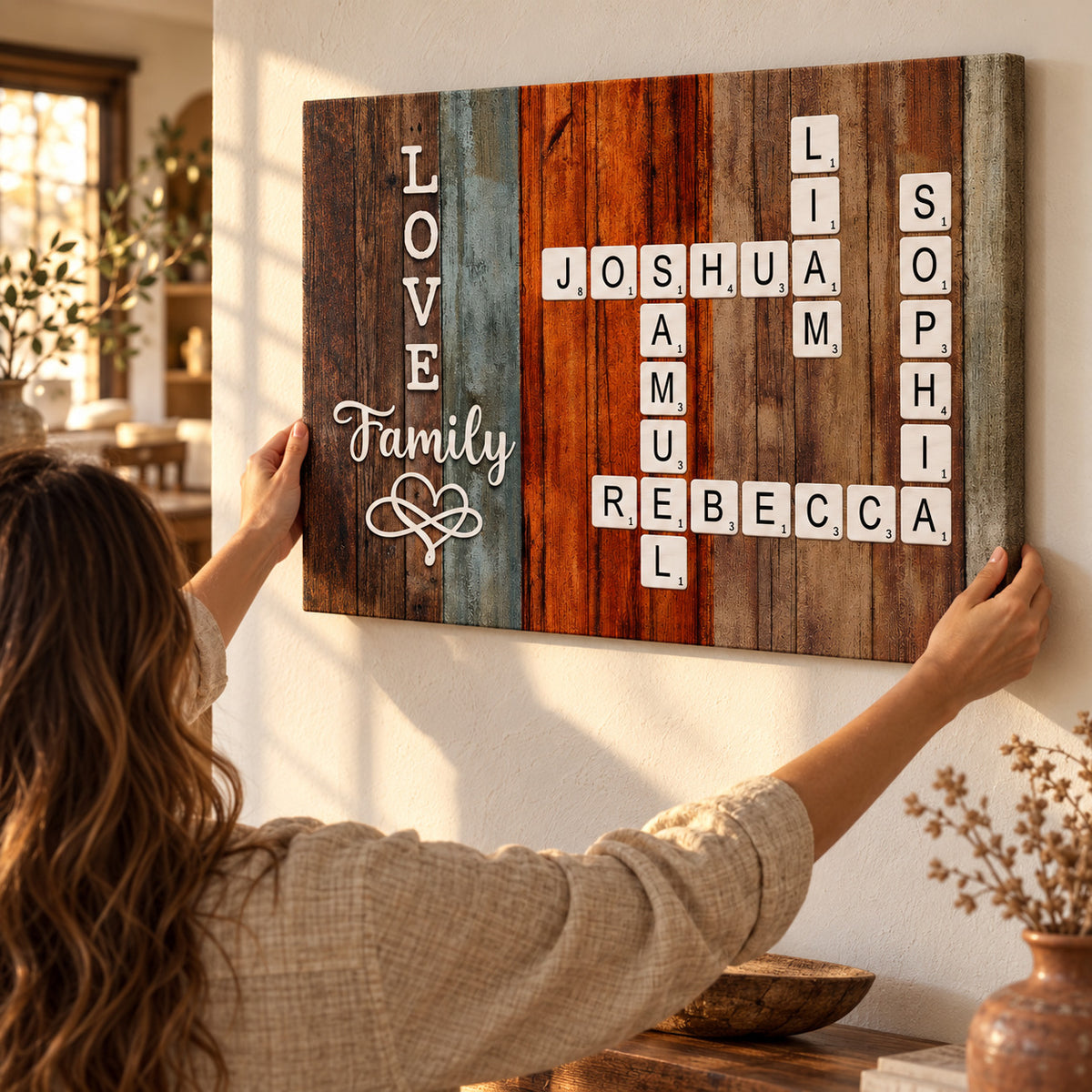 Love Family personalized crossword names canvas – hands hanging