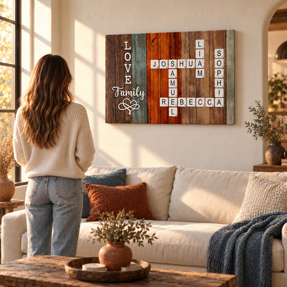 Love Family personalized crossword names canvas – room scale
