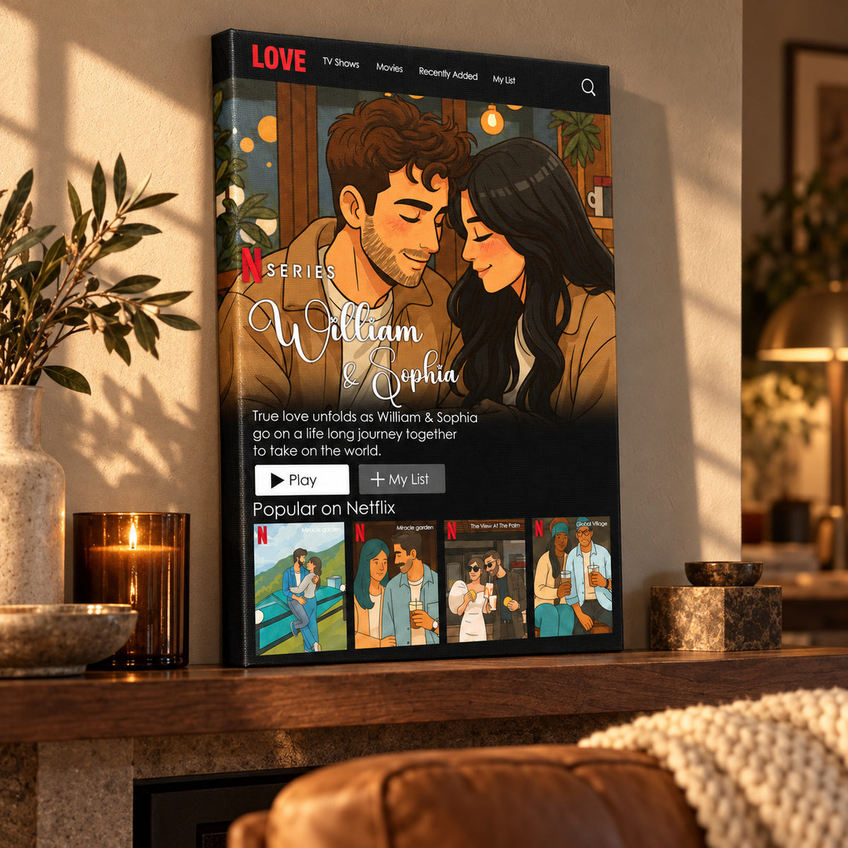 Couple Frame - Personalized Poster And Canvas Print — Frameless canvas leaning on a warm wood mantel