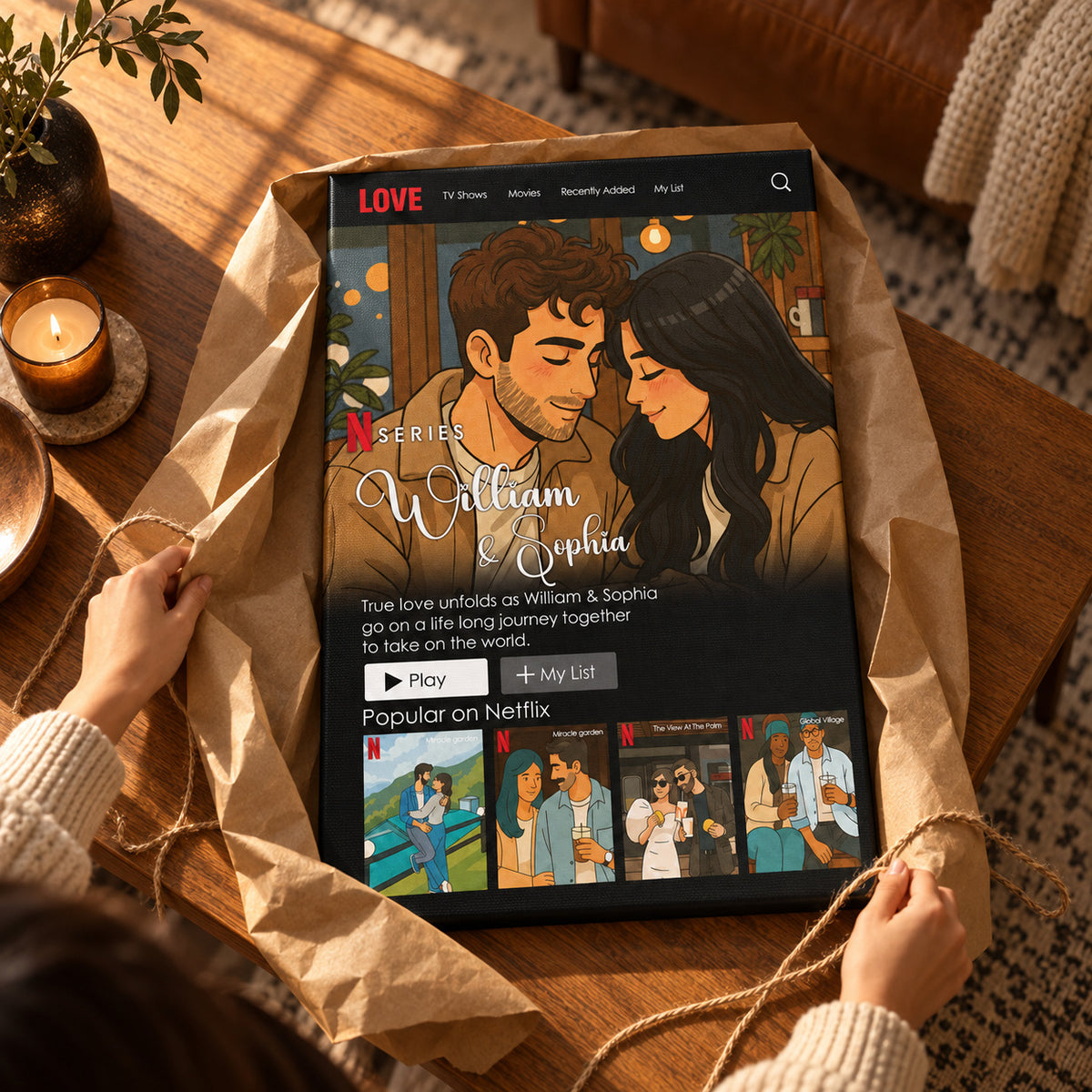 Couple Frame - Personalized Poster And Canvas Print — Hands unwrapping the canvas from kraft paper
