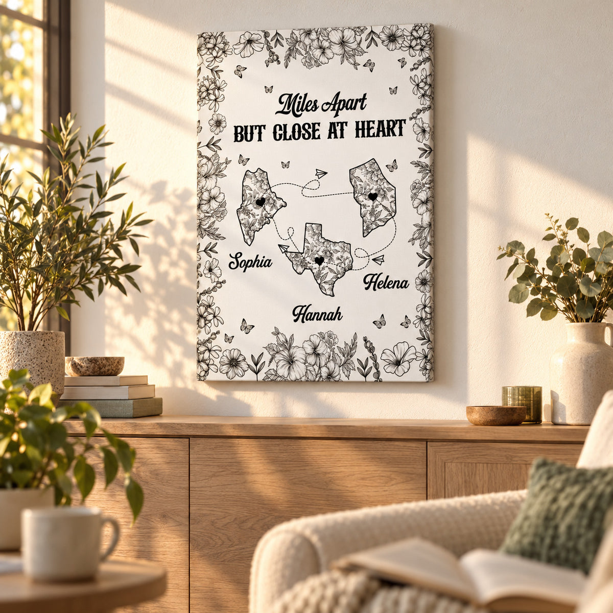 Miles Apart But Close At Heart Toile Pattern - Personalized Poster And Canvas Print — Frameless canvas above a sunlit sideboard
