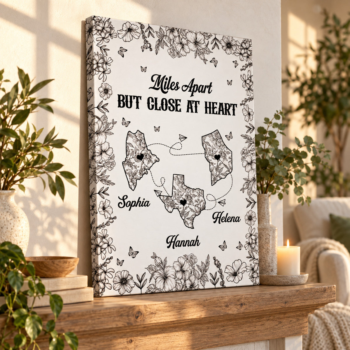 Miles Apart But Close At Heart Toile Pattern - Personalized Poster And Canvas Print — Frameless canvas leaning on a warm wood mantel